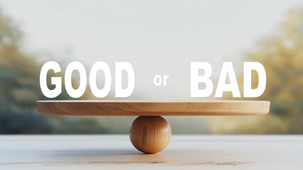 Good and bad concept. A wooden plane with “GOOD” and “BAD” titles at opposite corners, balanced on a wooden ball. For positive and negative themes.