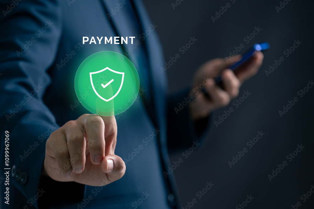 Poster Mobile Payment Security Protection. businessman interacting with a virtual shield icon for secure payment confirmation, holding a smartphone in the background.