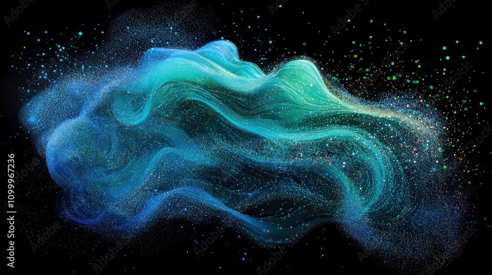 Poster abstract particle effect with blue and green data points, swirling in a digital cloud over black