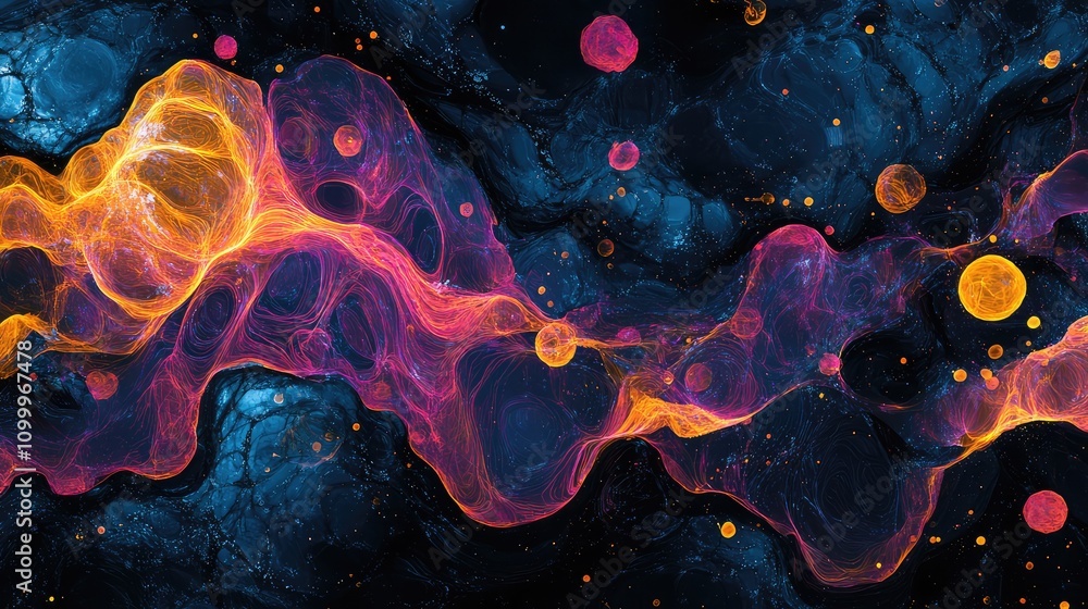 Aufkleber abstract particles in neon colors, forming fluid paths across a dark surface, symbolizing data in mo