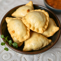 Typical Spanish empanadas in bowl isolated