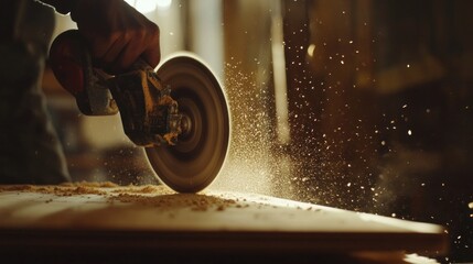 A carpenter using a circular saw to cut plywood, with sawdust flying as the blade moves through the wood. The workshop setting highlights the focus on quality craftsmanship.