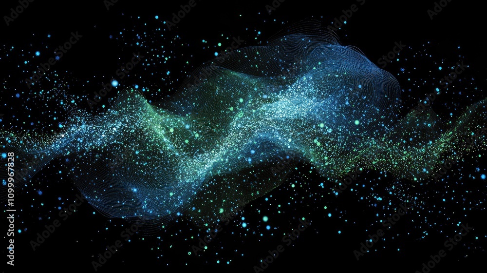 Poster abstract particle effect with blue and green data points, swirling in a digital cloud over black