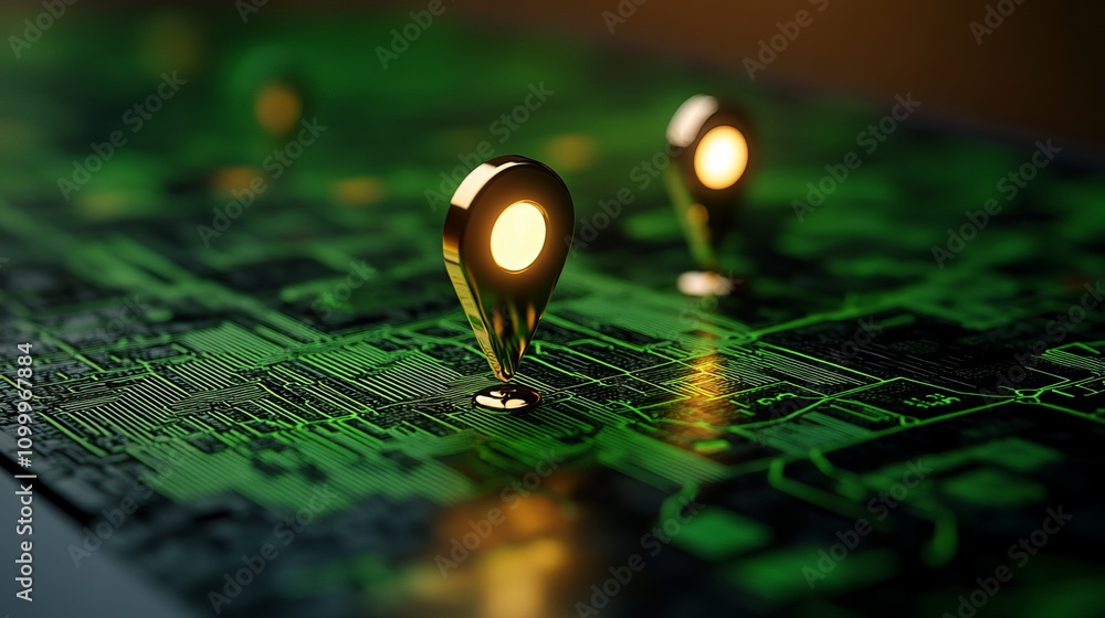 Aufkleber a close-up view of a futuristic map with glowing location pins, highlighting the intersection of tec