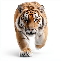Obraz premium Full body tiger strides confidently with striking stripes against a clean white backdrop