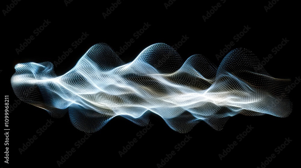 Poster abstract pulse wave with light trails, shimmering in a futuristic pattern across a textured black ba