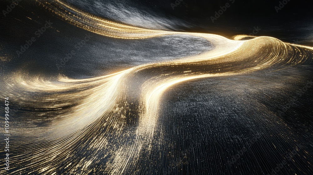 Poster abstract pulse wave with light trails, shimmering in a futuristic pattern across a textured black ba