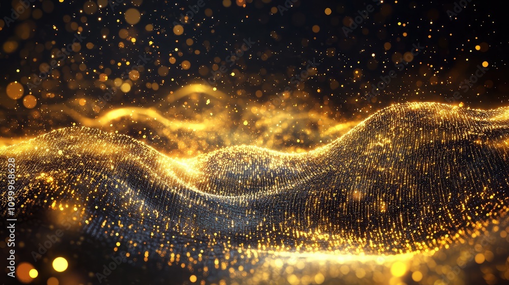 Poster abstract pulse wave with light trails, shimmering in a futuristic pattern across a textured black ba