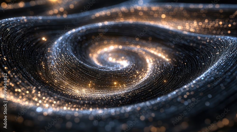 Poster abstract quantum entanglement concept, with particles moving in a swirling digital pattern over a da