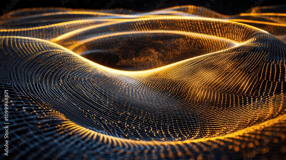 Poster abstract pulse wave with light trails, shimmering in a futuristic pattern across a textured black ba