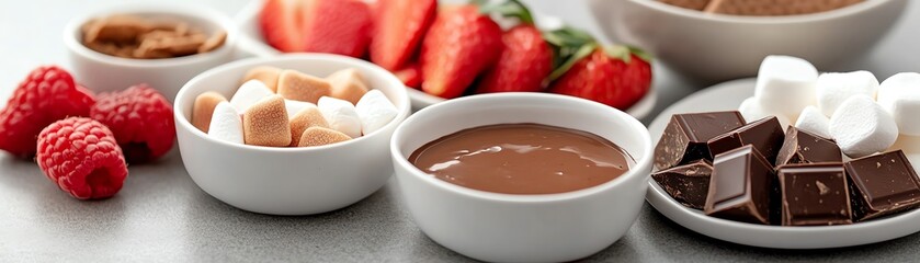 A decadent chocolate fondue with an array of fruits and marshmallows for dipping