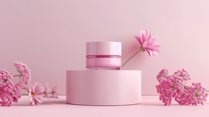3d render of pink cosmetic cream jar on podium with spring flowers and copy space, mock up for beauty product presentation or advertising banner design.