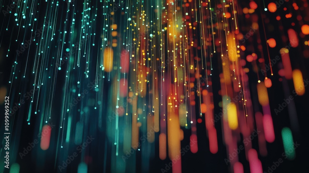 Poster abstract rain effect made of glowing hex codes, descending in vibrant columns on a dark screen