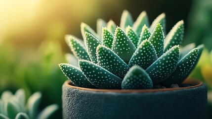 Close-up of a green succulent plant with dotted leaves in a textured pot under warm sunlight, with a blurred natural background.