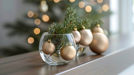 Scandinavian Christmas theme featuring pine branches in a vase and natural ornaments. Cozy and elegant winter decoration with a neutral palette emphasizing simplicity and warmth