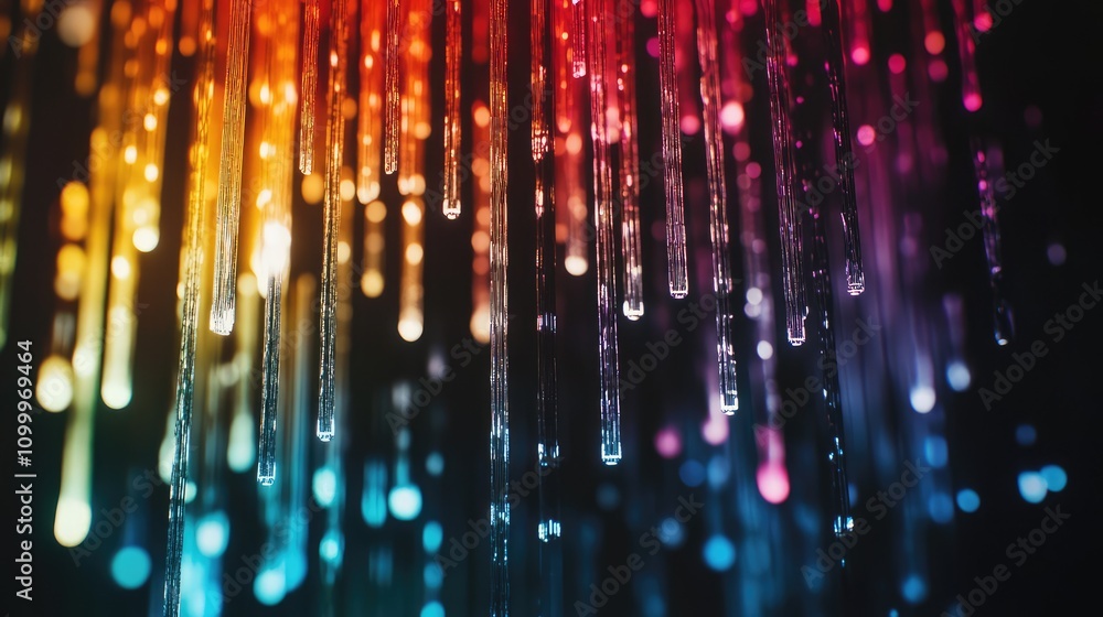 Poster abstract rain effect made of glowing hex codes, descending in vibrant columns on a dark screen