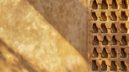 A close-up photo of Diriyah mud-brick walls in Riyadh, showing the layered textures and architectural details of traditional Saudi construction under the golden sunlight.