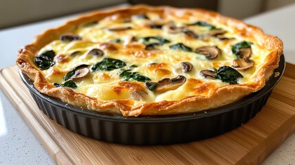 A freshly baked quiche filled with spinach, mushrooms, and cheese
