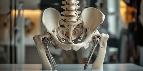 Pelvis with hips demonstrating internal rotation and featuring a left hip prosthesis, highlighting the anatomical aspects related to hip movement and prosthetic support during internal rotation.
