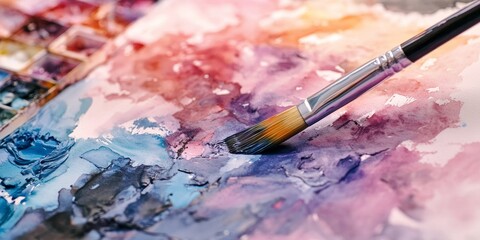 Obraz premium A close up view showcasing watercolor paints along with a paintbrush highlights the beauty of art. This watercolor paints arrangement emphasizes creativity and artistic expression.