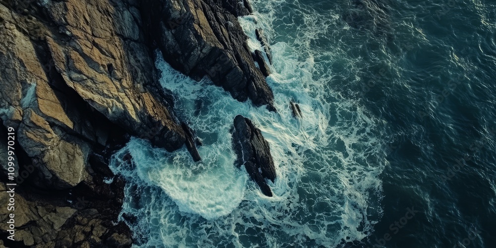 Aufkleber aerial view showcasing rocks and waves, capturing the dynamic interaction of see rocks with the flow