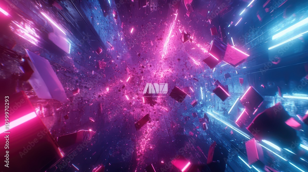 Poster abstract shards of fragmented data, illuminated by neon pink and blue light, floating through a dark