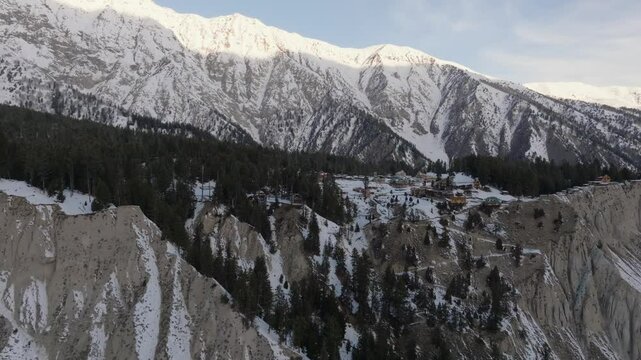 Fairy Meadows at Winter Aewrial Drone Shot. Resort Area near to Nanga Parbat in Gilgit Baltistan, Pakistan.
