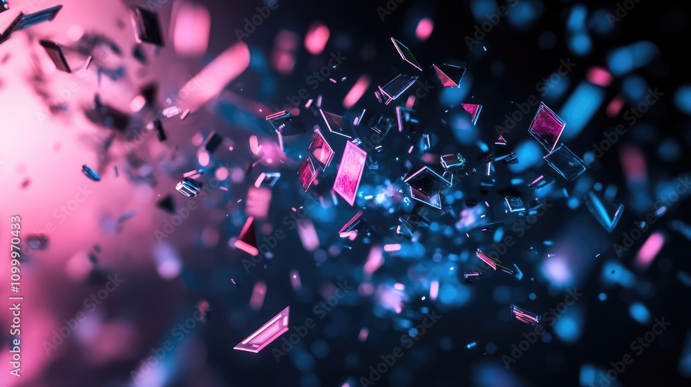 Poster abstract shards of fragmented data, illuminated by neon pink and blue light, floating through a dark