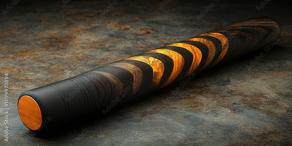 Poster unique handcrafted wooden rolling pin with intricate patterns displayed on a dark textured surface
