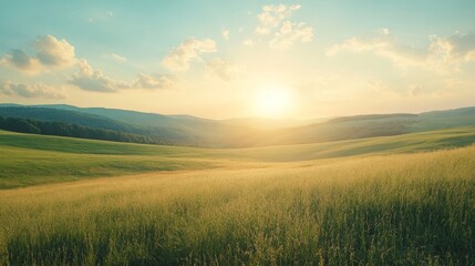 Obraz premium Serene Sunset Over Rolling Green Hills and Fields