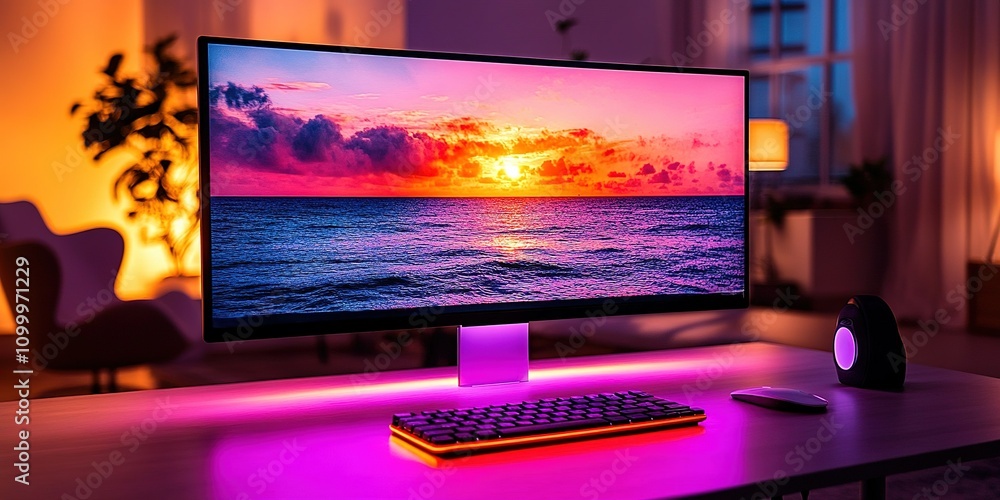 Poster modern workspace with vibrant sunset display on computer screen at dusk in a cozy room with soft lig