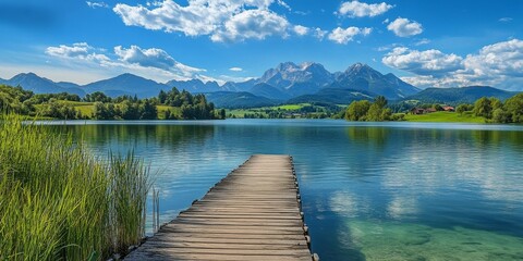 Obraz premium Scenic view of Hopfensee featuring mountains and a wooden jetty, showcasing the charming natural beauty of the landscape around Hopfensee and the serene atmosphere created by the jetty.