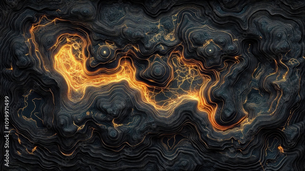 Poster abstract topographical data map with intricate layers, glowing lines, and subtle highlights over dar