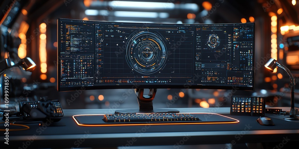 Poster cutting-edge workstation featuring a large curved monitor displaying intricate data and graphics in 