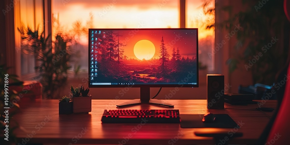 Poster sunset view from a home office with a computer setup and natural decor