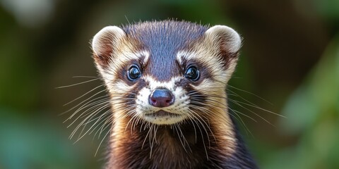 Fototapeta premium Close up of a polecat, Mustela putorius, showcasing the distinct features and characteristics of this fascinating animal. The polecat, Mustela putorius, is known for its unique appearance and