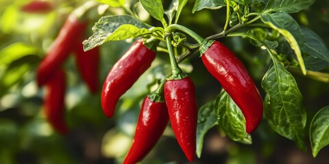 Close up of vibrant red chili peppers growing on the tree in a garden setting, showcasing the beauty and richness of red chili peppers in a natural environment.