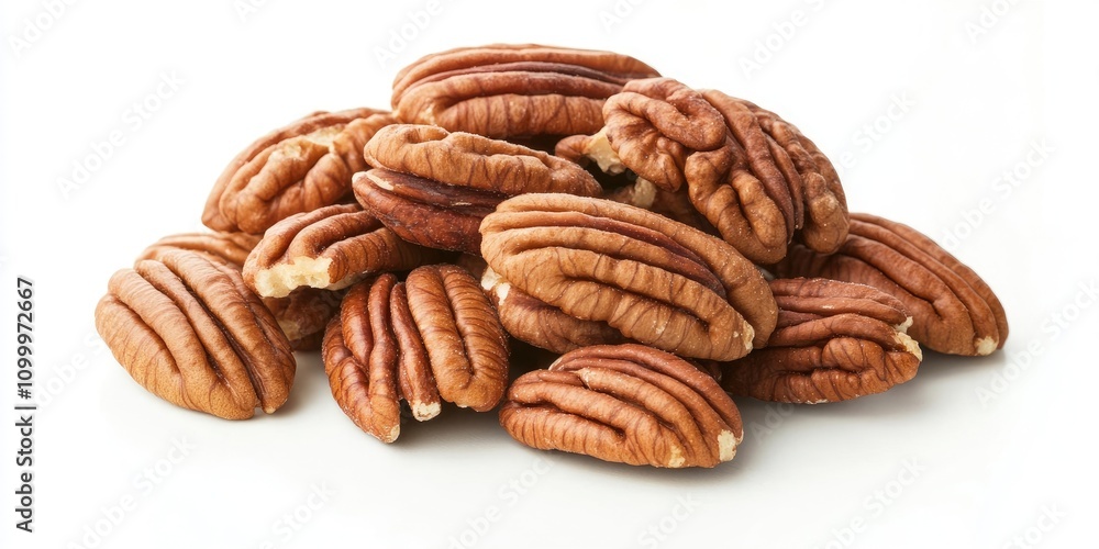Poster pecan nuts displayed in isolation against a white background, showcasing the rich texture and color 