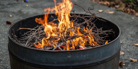 Close up image of burning twigs and branches within a barrel. The scene captures the vibrant essence of burning twigs and branches outdoors during the refreshing springtime atmosphere.