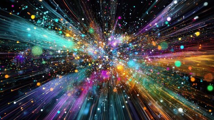 Obraz premium An abstract data cluster in vibrant 3D, with floating lines and nodes forming intricate patterns of light and color