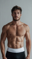 Obraz premium Stylish and Confident Male Model Posing in Modern Underwear, Evoking Happiness and Personal Style, Perfect for Fashion-Related Content and Marketing