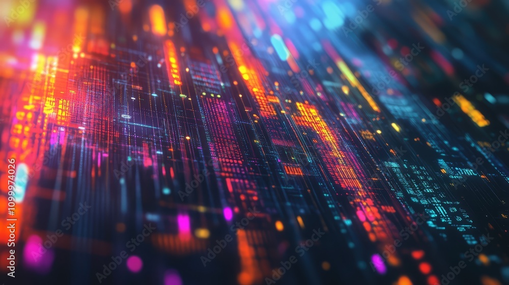 Aufkleber an abstract data grid blended with rough brush textures and vibrant color splashes, creating depth