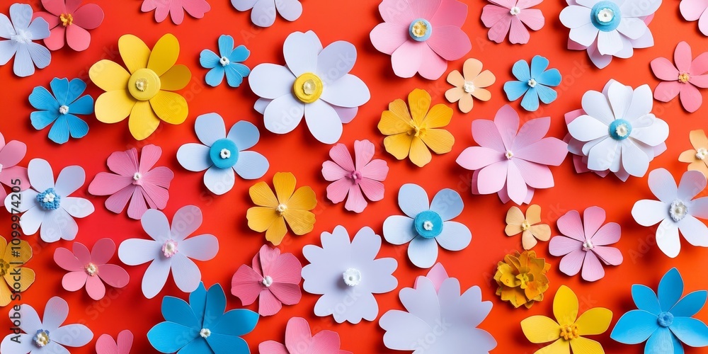 Poster flower pattern displayed from a top view on colorful paper creates a vibrant background. this flower