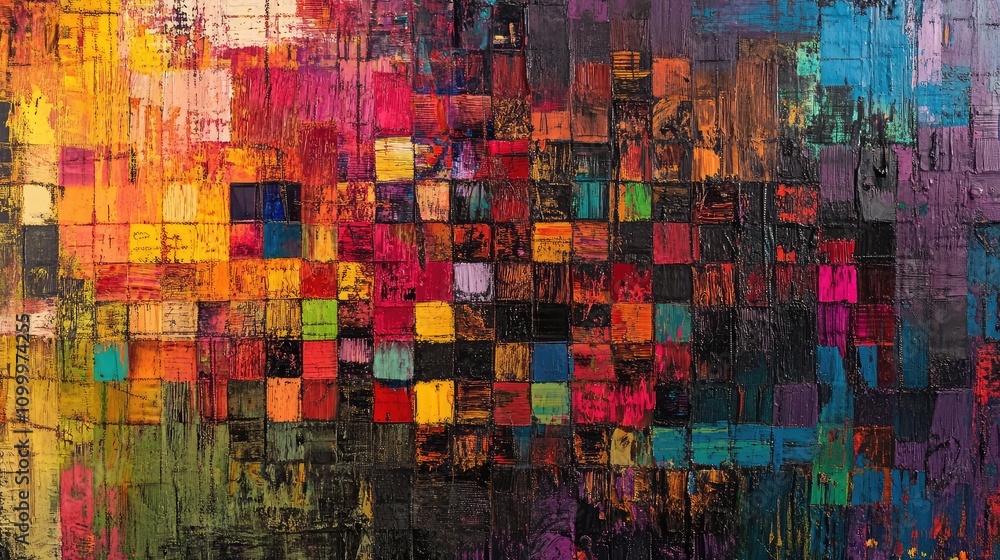 Aufkleber an abstract data grid blended with rough brush textures and vibrant color splashes, creating depth