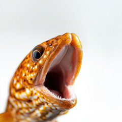 Fototapeta premium Moray eel displaying its intricate textures and fierce mouth against a striking white backdrop