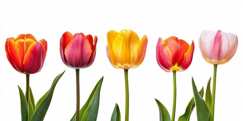 Obraz premium Vibrant tulips isolated against a white background showcase the beauty of tulips, highlighting their striking colors and delicate petals in a stunning presentation of tulips.