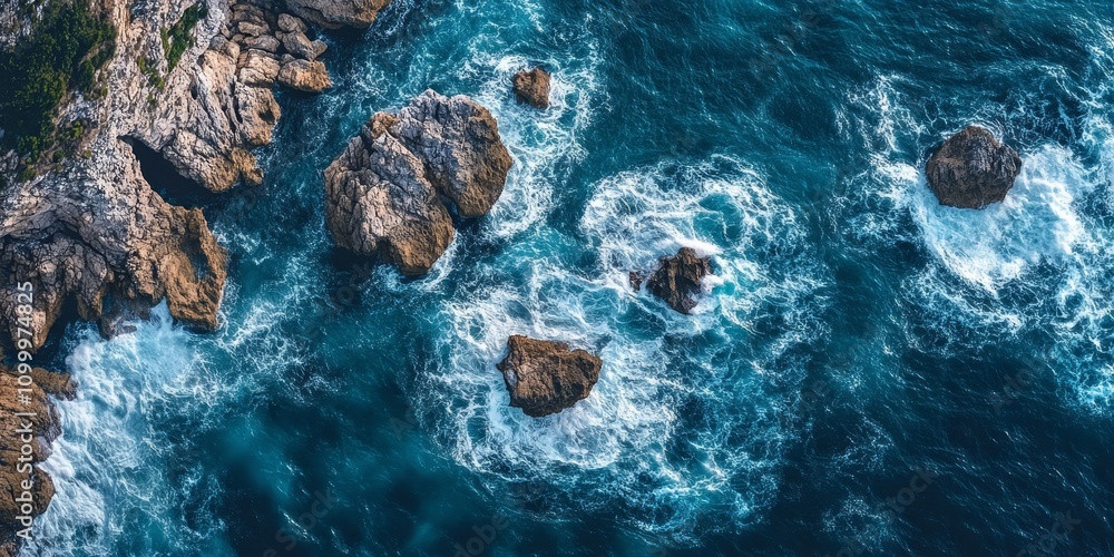 Aufkleber aerial view showcasing rocks and waves, capturing the dynamic interaction of see rocks with the flow