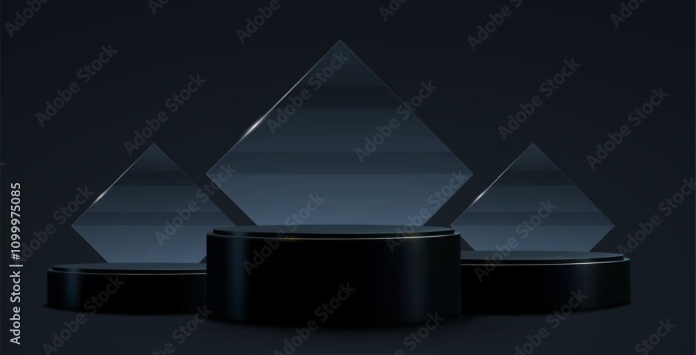 Leinwandbilder Minimalistic composition featuring a black podium and three triangular glass shapes on a dark gradient background, showcasing a modern and elegant abstract design. Vector realistic illustration