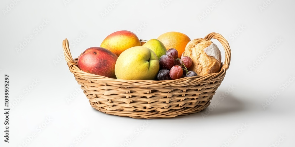 Poster empty fruit and bread basket placed on a white background, showcasing the simplicity of an empty bas