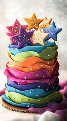 Vibrant New Year Party Cake with Colorful Layers and Glittering Stars.A stunning 3D cake featuring bright colors, star-shaped toppers, and a festive vibe.